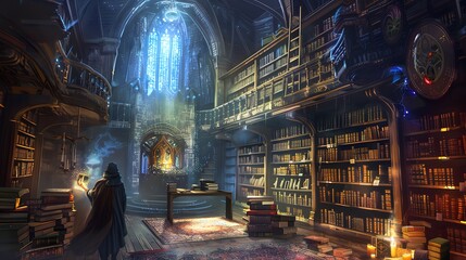 Wizard in a library filled with ancient magical books
