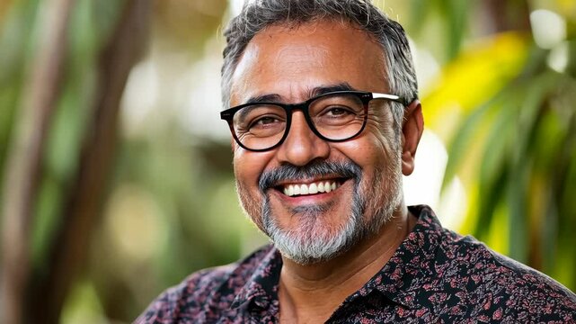 A man with a grey beard smiles while wearing glasses and a patterned shirt outdoors