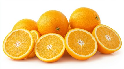 Fototapeta premium Group of oranges with slices and peels, isolated on a pure white background, capturing their citrusy appeal