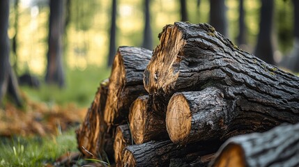 Fototapeta premium Sunlit logs stacked in a tranquil forest, showcasing nature's textures and colors.