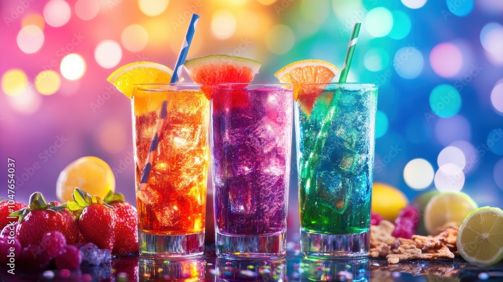 Poster bright cocktails are displayed alongside snacks and fruit slices, creating a lively atmosphere for a
