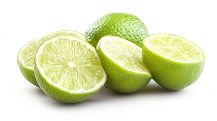 Group of limes with slices and peels, isolated on a pure white background, capturing their citrusy appeal