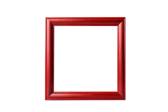 Empty red wooden photo frame with classic rectangular shape, isolated on a transparent or white background.