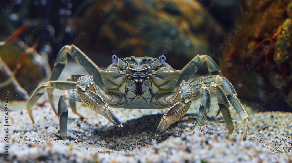 Aufkleber a closeup of a busy crab scurrying along the sandy bottom of its tank using its claws to dig and exp