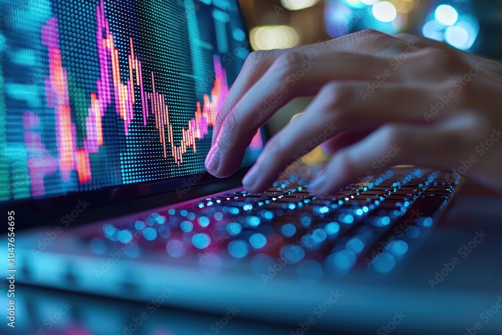 Aufkleber hand typing on a laptop with a stock market graph displayed on the screen
