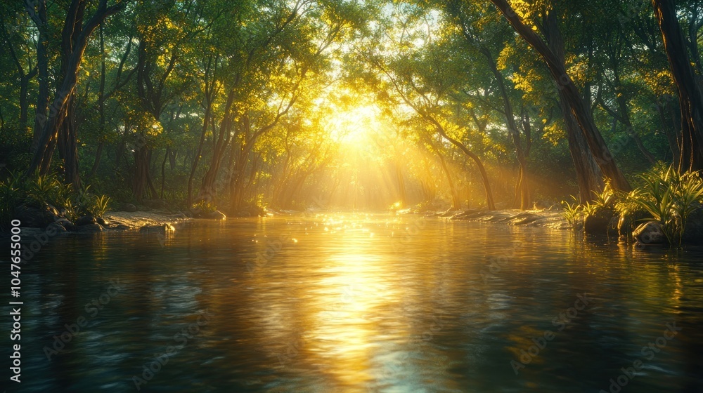Poster sunrays illuminate a serene river winding through a dense forest at sunrise, creating a mystical and