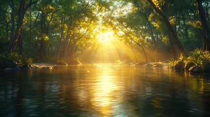 Obraz premium Sunrays illuminate a serene river winding through a dense forest at sunrise, creating a mystical and peaceful atmosphere.