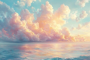 A Breathtaking Sunset Over a Calm Sea with Fluffy Clouds