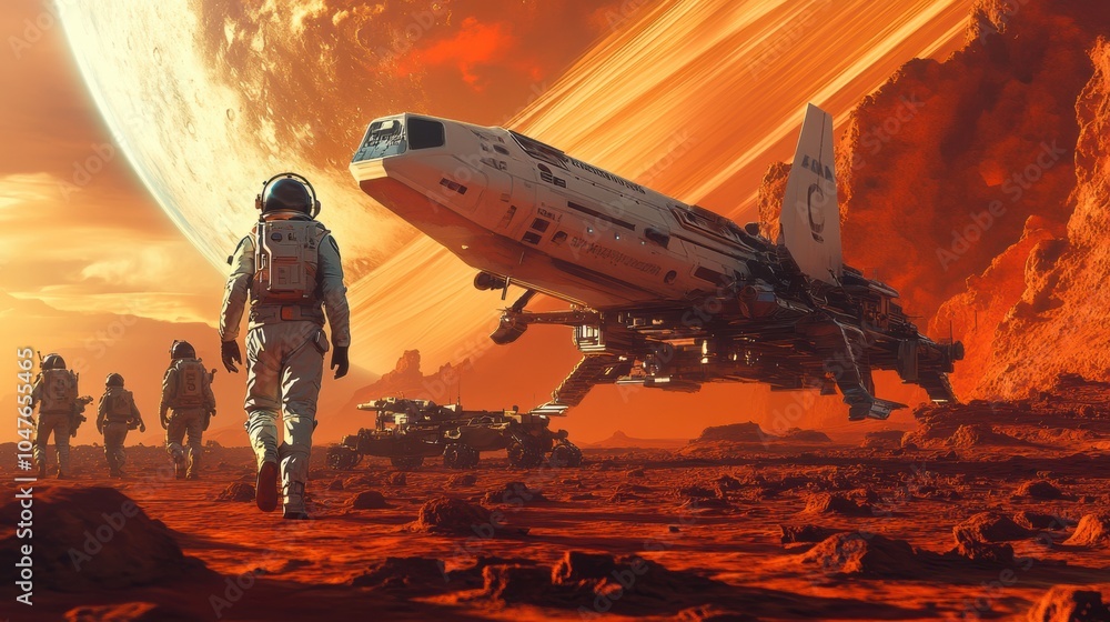 Poster a group of astronauts walks towards a spacecraft on a red, rocky landscape with a vibrant gas giant 