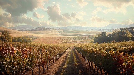 Fototapeta premium A peaceful view of a vineyard at harvest time, with rows of grapevines stretching out towards distant hills.