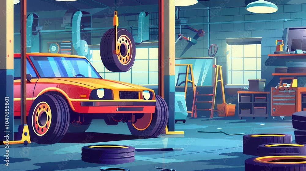 Poster a car is being worked on for tire replacement in a spacious garage filled with tools and equipment, 