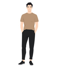 Fototapeta premium Vector illustration of a man wearing an olive t-shirt and tight black pants, creating a stylish and minimalist look. And simply give an onion