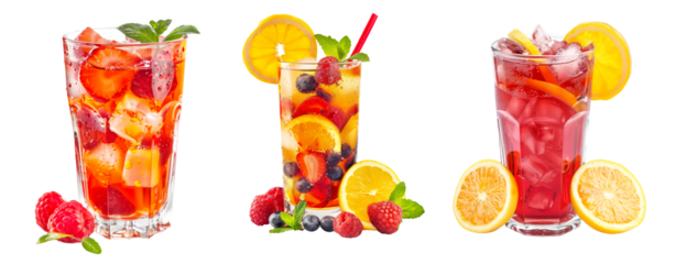 A tall glass filled with ice, strawberry slices, and raspberries, is brimming with a vibrant iced tea or fruit punch isolated on white transparent background