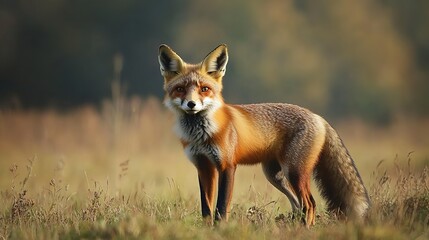 Obraz premium A red fox standing alert in a meadow, its natural habitat of fields and forests providing a backdrop.