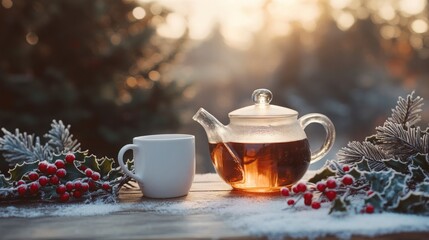 A clear teapot filled with steaming tea sits beside a white cup. Surrounding them are winter decorations, with frosted leaves and red berries, as the warm glow of sunset casts a serene atmosphere.