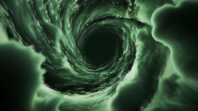 A dark vortex swirls in the center of a green, swirling cloud formation
