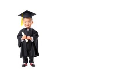 A boy in a bachelor or master suit with diploma scroll isolated on a white background. Early development, graduation, education, science, early learning baby concept