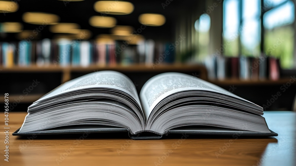 Poster an open book resting on a wooden table with a blurred background of a library