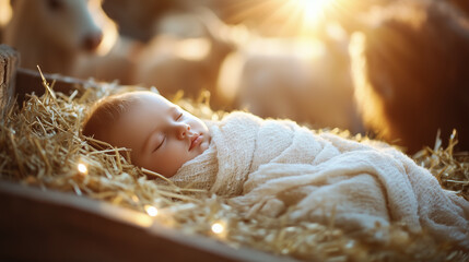 Newborn baby Jesus sleeps peacefully in a wooden manger on straw against the backdrop of a stable with animals, illuminated by divine rays of light. Religious scene Christmac. Nativity scene of Jesus