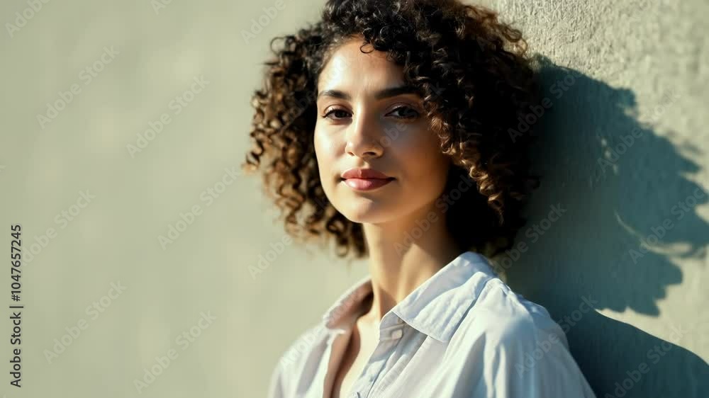 Wall mural A beautiful young woman with curly hair smiles confidently, posing against a light backdrop. The soft lighting highlights her natural beauty and radiant skin.