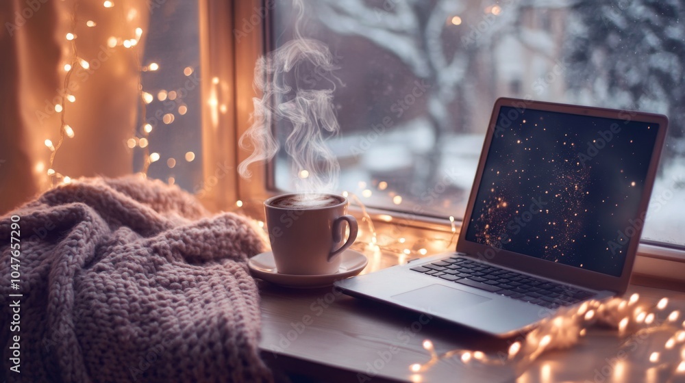 Poster A warm scene features a steaming cup of coffee beside a laptop on a table, surrounded by soft blankets and twinkling fairy lights. Outside, snow gently falls, creating a tranquil atmosphere.