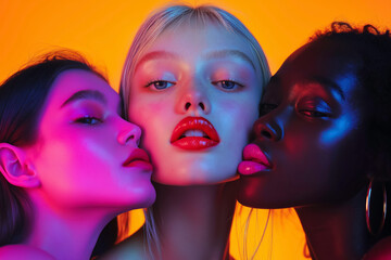 Obraz premium three diverse female models in colorful lighting, portraying a modern and artistic expression of beauty and diversity