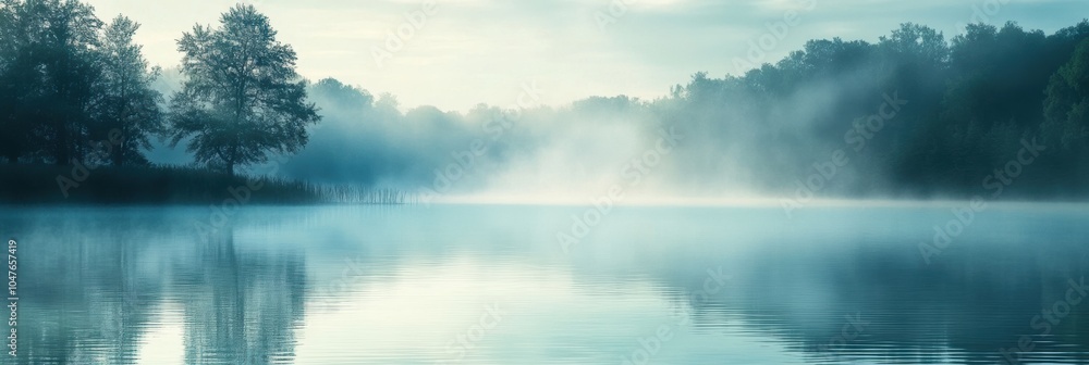 Poster The calm surface of the lake mirrors the soft mist rising from the water at dawn, surrounded by dense trees in a peaceful setting. Generative AI