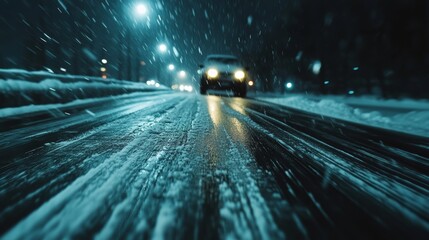 Hazardous black ice poses danger on snow covered highway with blurred vehicle headlights