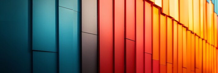 a multicolored building with a red, orange, blue, and yellow stripe on it's side