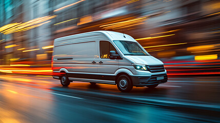 a white van driving down a street next to tall buildings at night time