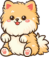 Cute cartoon fluffy Orange Pomeranian, playful, sticking out tongue, sitting and raising front paws, vector illustration.
