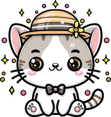 Cartoon cute kitten sitting and playing with yellow flower on hat, sparkling stars on background, vector illustration