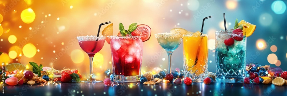 Poster vibrant cocktails on a table surrounded by snacks and fresh fruit slices set a festive mood for summ