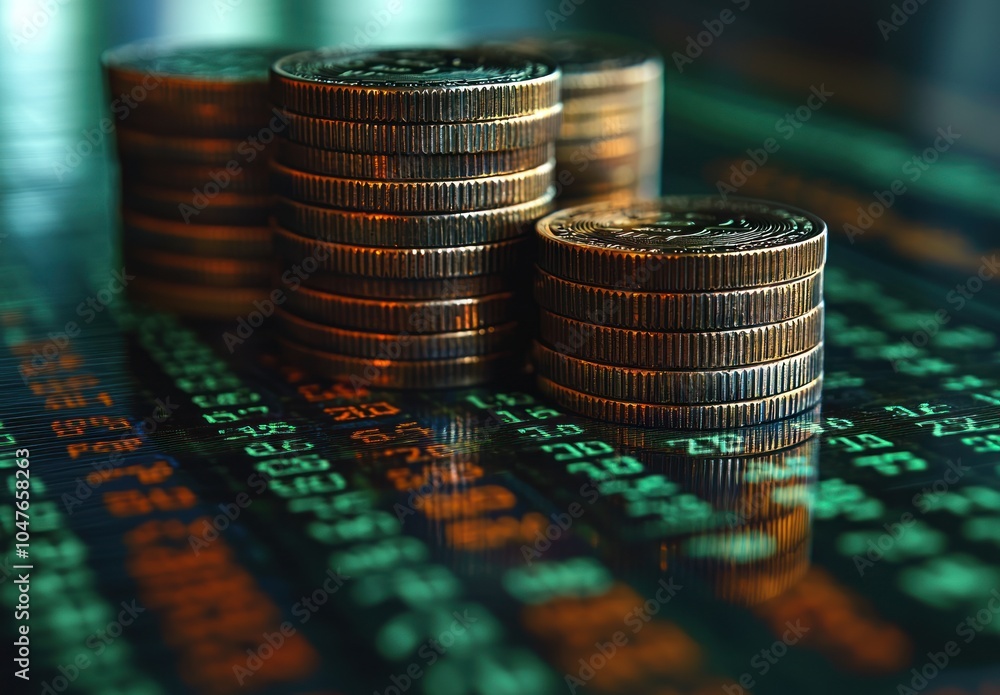 Aufkleber stacks of coins on a digital stock exchange display