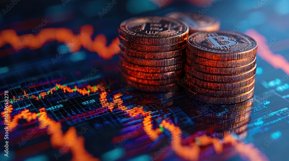 Poster stacks of bitcoin coins on a stock market chart