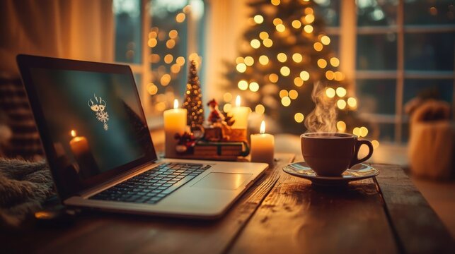 A laptop sits on a wooden table, open with a blank screen. A cup of coffee sits next to it, steaming on a saucer. Candles and a Christmas tree with lights are visible in the background.