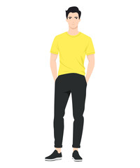 Fototapeta premium Young man in a yellow T-shirt and black trousers, casual style for walks and informal meetings.