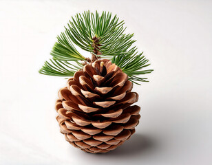 Fototapeta premium A pine cone has a small branch attached to its surface against a clean white backdrop. _1(71)