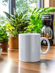 Mock-up blank white mug placed on a kitchen worktop next to a percolator.