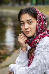 Fototapeta premium Close up portrait of a Slavic woman of korean origin
