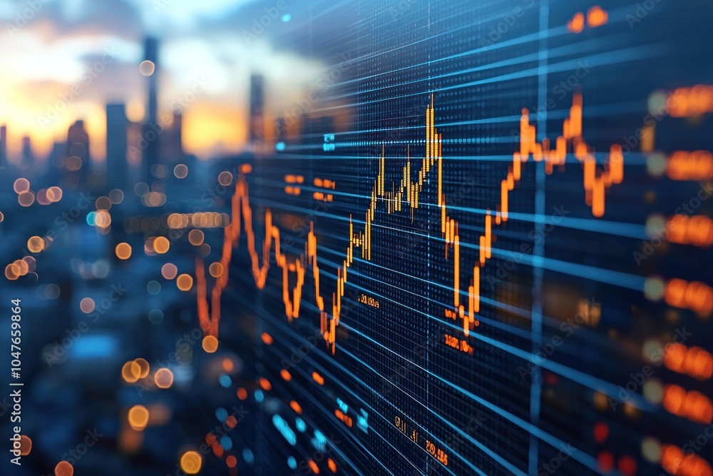 Poster stock market chart display with cityscape background