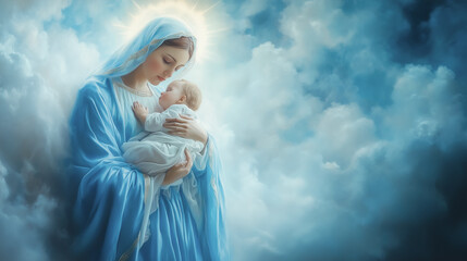Mother Mary holds the newborn baby Jesus Christ in her arms, standing in the heavens with copy space available.