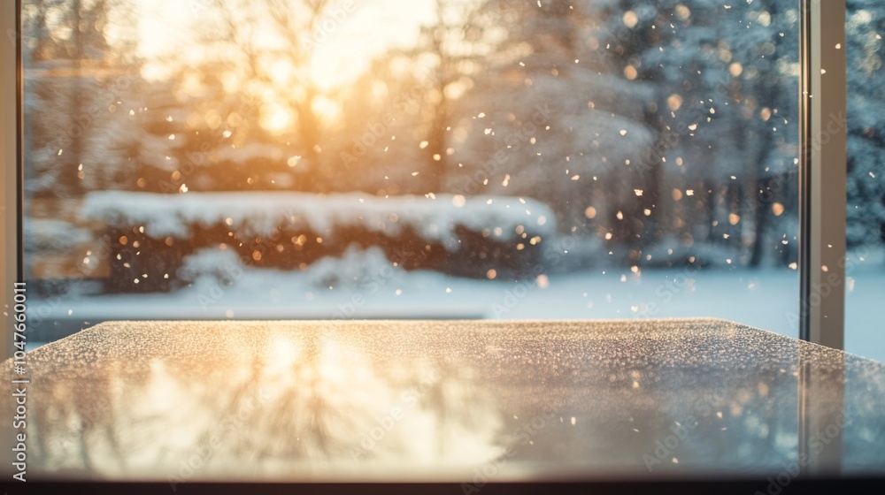 Poster sunlight streams through a window, illuminating a peaceful interior as snowflakes drift down outside