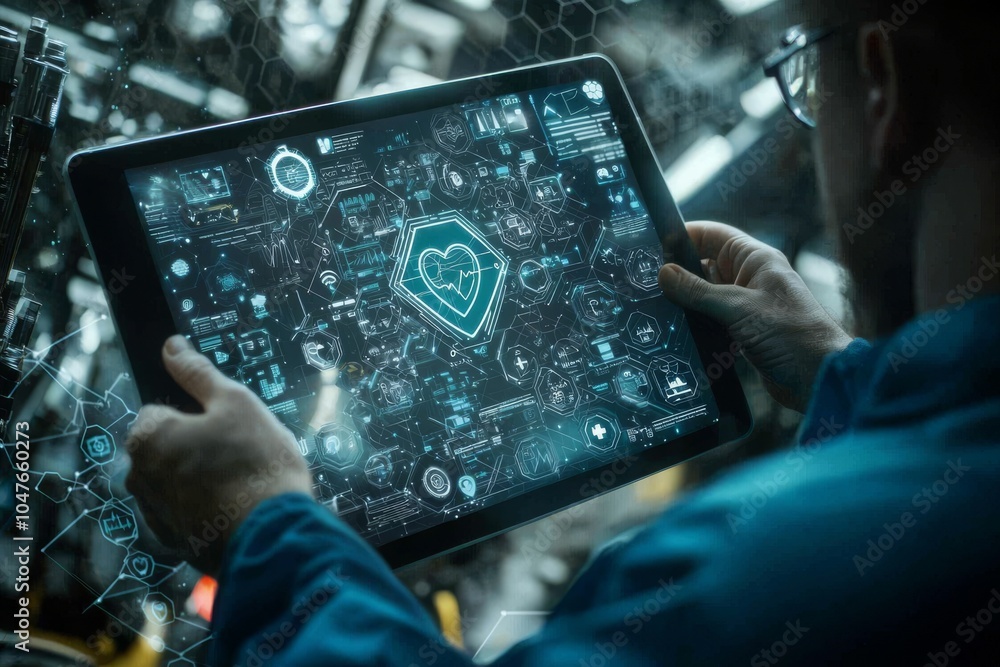 Poster pushing the button on the security shield virus virtual healthcare network by the doctor.