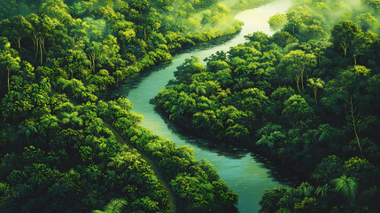 Vibrant aerial shot of amazon rainforest, featuring dense emerald foliage, serpentine waterways, and majestic tropical landscape in pristine condition. Rainforest Canopy. Illustration