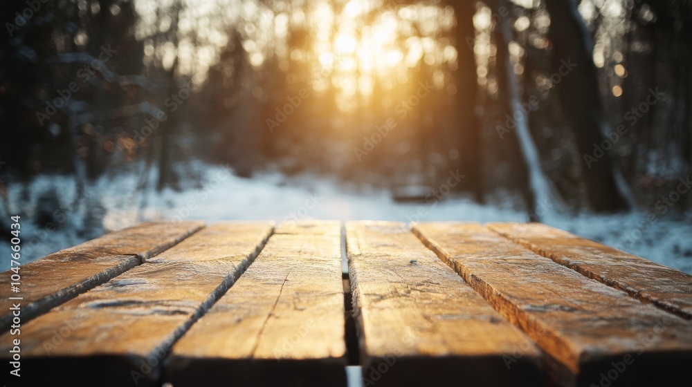 Aufkleber A rustic wooden table rests in a snowy forest, illuminated by the warm glow of a setting sun in the background, casting a serene ambiance. The surrounding trees are silhouetted against the light.