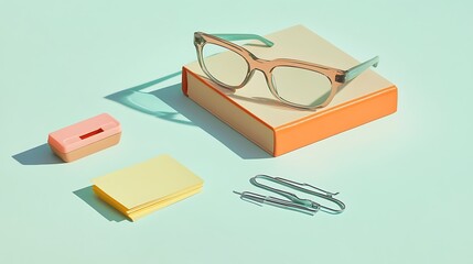 Modern office supplies including a pair of glasses a stapler and sticky notes on a simple light-colored background