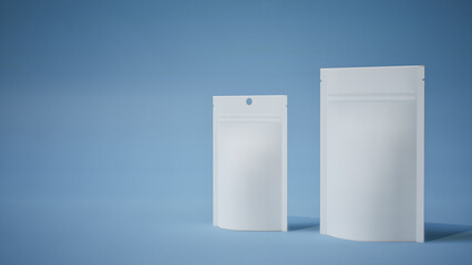 3D rendering of minimalist Stand-Up Pouches on a Solid Blue Background. Product packaging mockup