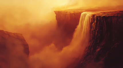 Water cascades powerfully over cliffs into a misty basin, bathed in the warm hues of a breathtaking sunset, evoking tranquility and awe. Misty Waterfall Basin. Illustration