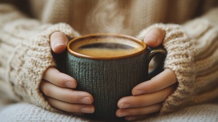 A person relaxes at home, cradling a warm cup of coffee with both hands. They are dressed in a cozy knitted sweater, enjoying the comfort of a quiet moment and the warmth of the beverage.